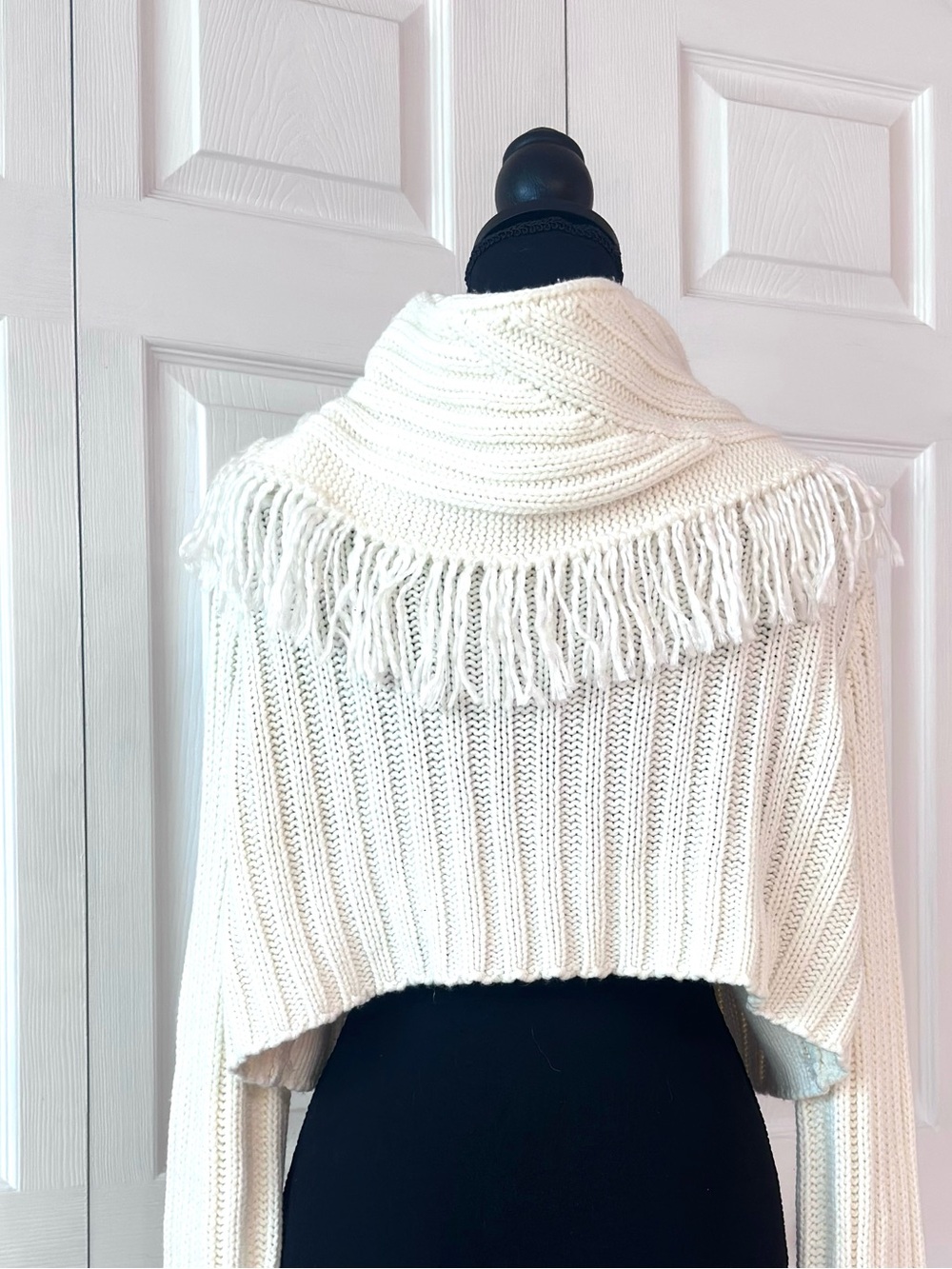 Miss Me Cream Cable Knit Cowl Neck Fringe Bell Sleeve Sweater - Picture 7 of 11